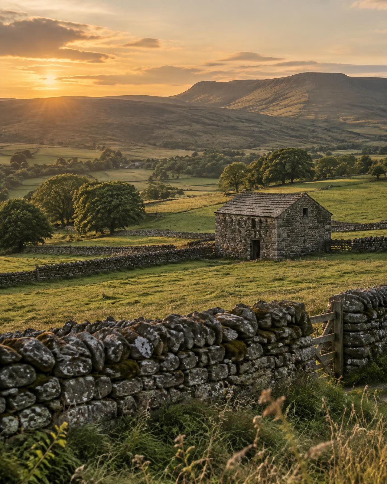 Evening light over dry stone walls and a stone barn in the Yorkshire Dales